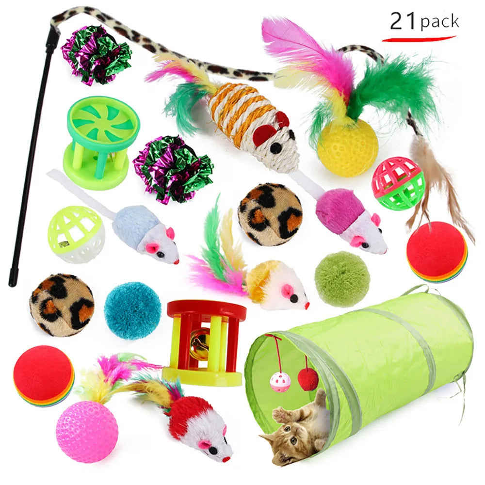 21Pcs Interactive Cat Toys Kit with Collapsible Tunnel, Feather Balls, and Mice - Safe & Fun Play Supplies for Cats and Kittens