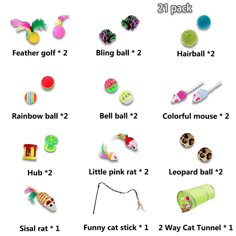 21Pcs Interactive Cat Toys Kit with Collapsible Tunnel, Feather Balls, and Mice - Safe & Fun Play Supplies for Cats and Kittens