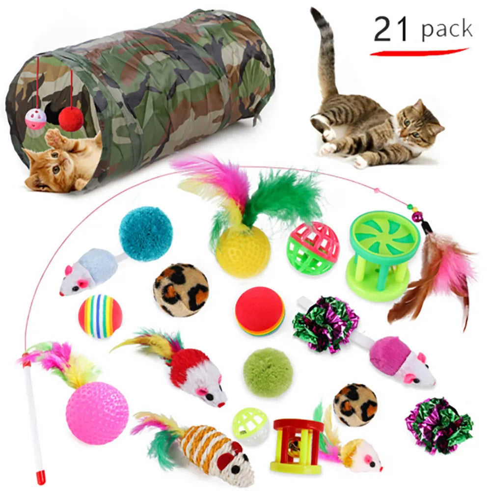 21Pcs Interactive Cat Toys Kit with Collapsible Tunnel, Feather Balls, and Mice - Safe & Fun Play Supplies for Cats and Kittens